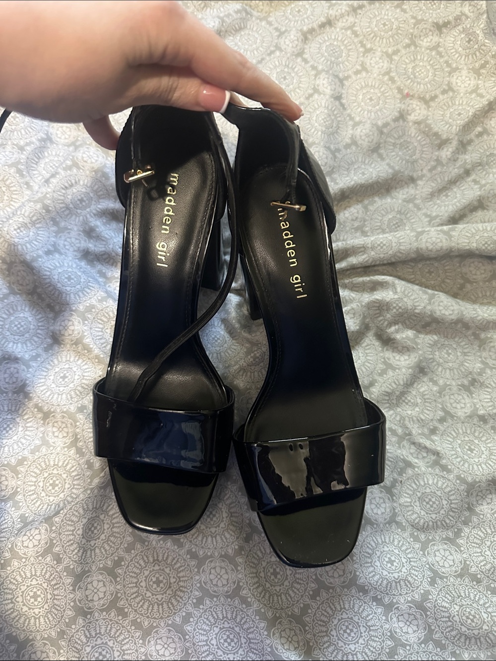 Madden Girl Black Patent Square-Toe Block Heel Sandals